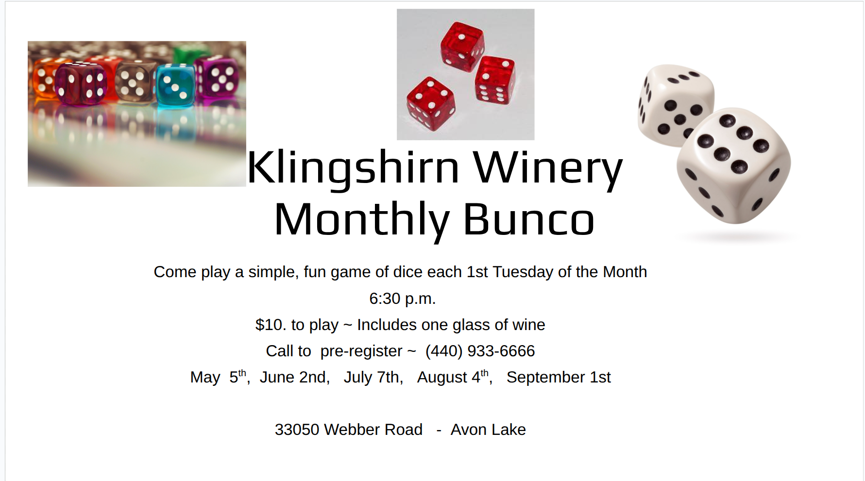 Collage image promoting the 2026 monthly bunco event