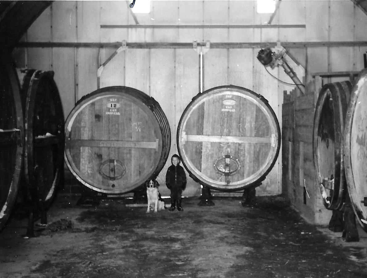 Lee Klingshirn in front of wine casks with the family dog, Daisy